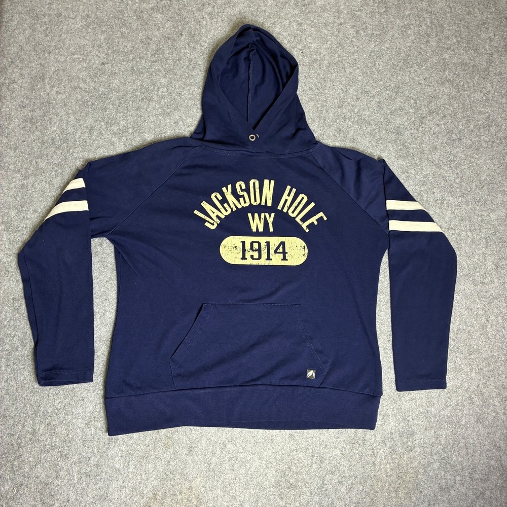 Outfitter Trading Co Mens Jackson Hole WY 1914 Hoodie Navy Blue Large Pullover